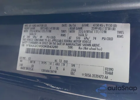 2016 Ford Transit-350 Xl from USA, damaged, VIN 1FBAX2CM3GKB43280